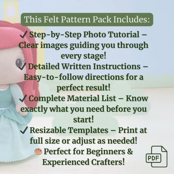 Ariel Felt Pattern – Princess Plush PDF Template for Sewing - Image 3